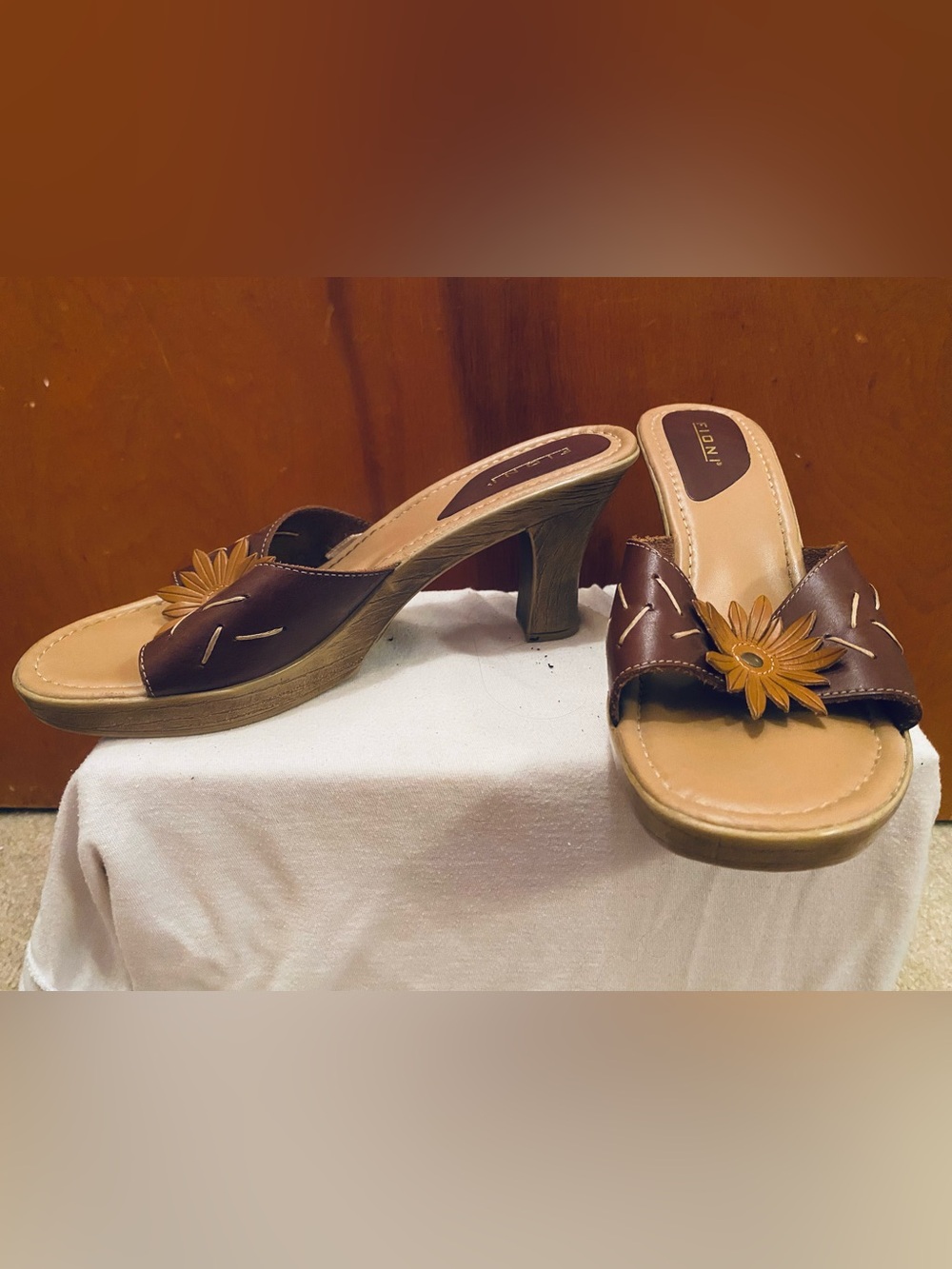 FIONI Clothing Brown Leather Slide Mules with Sunflower Accent